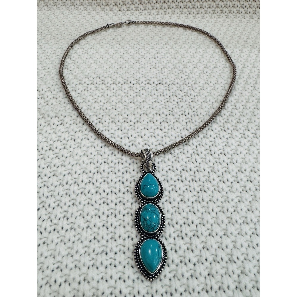 925 Sterling Silver 16" Three Blue Stone Drop Pendant Necklace Southwestern